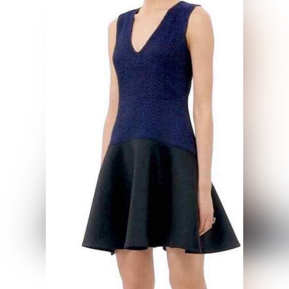 New. Rebecca Taylor V neck, snake jacquard navy Empire Dress, black bottom,lined - Picture 9 of 11